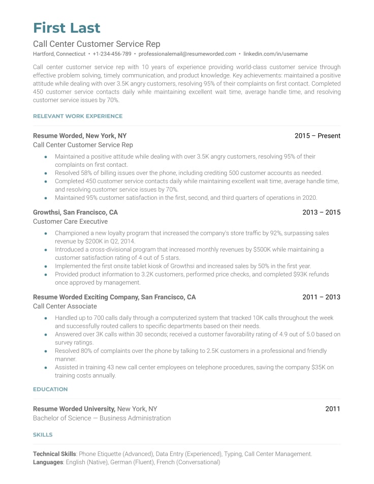 Call center customer service representative resume example