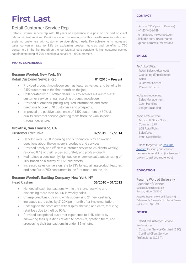 Retail customer service representative resume example