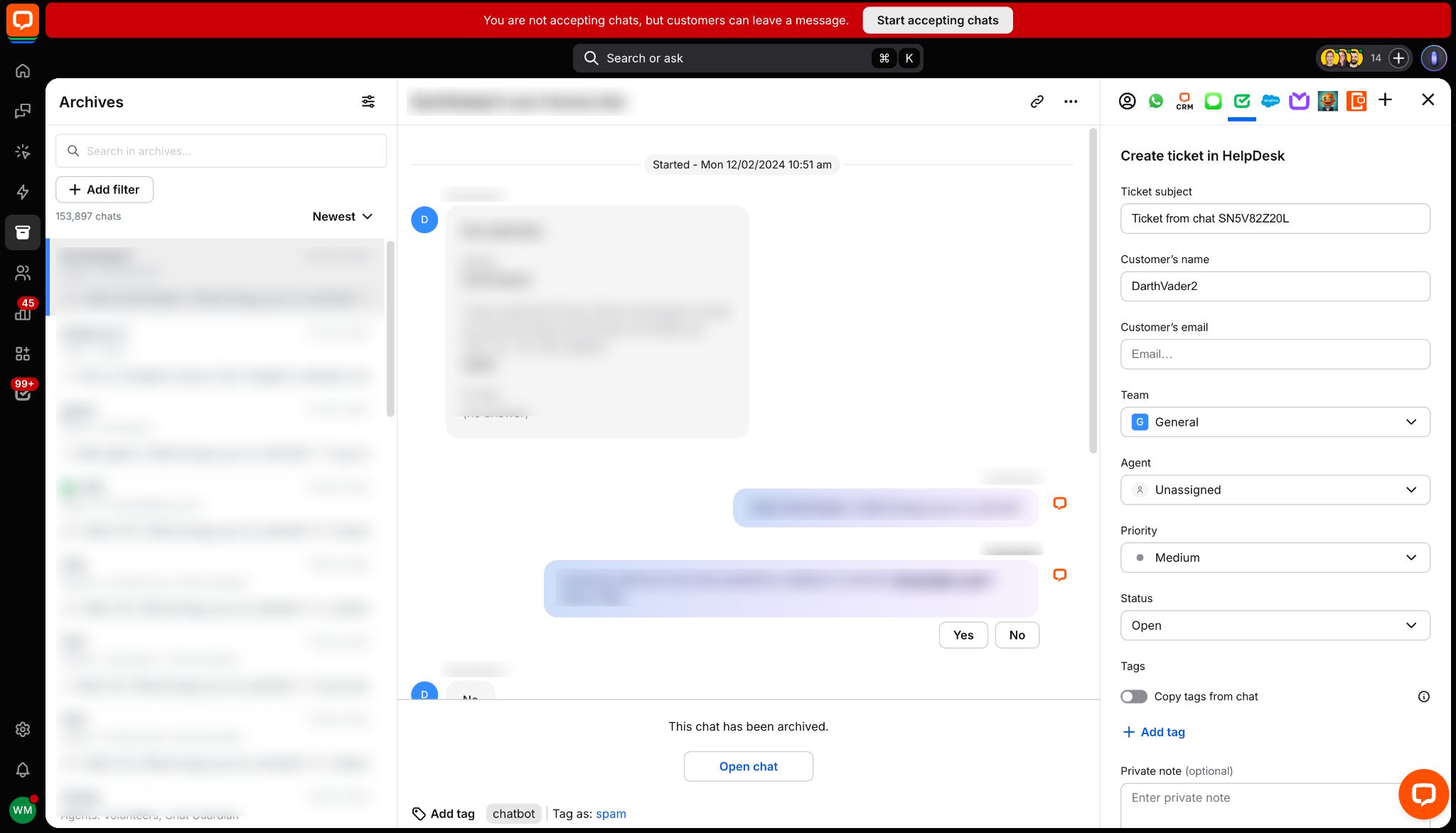 A list of incoming LiveChat chats that can be converted to HelpDesk tickets.