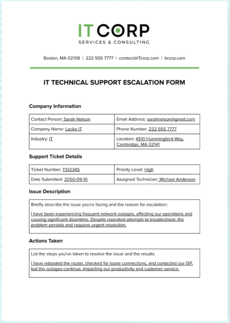  IT support escalation form template 