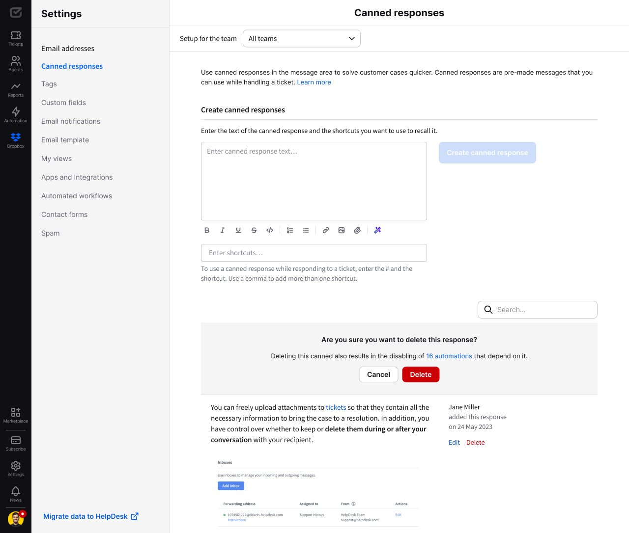 Deleting a canned response used in automation rules in HelpDesk.