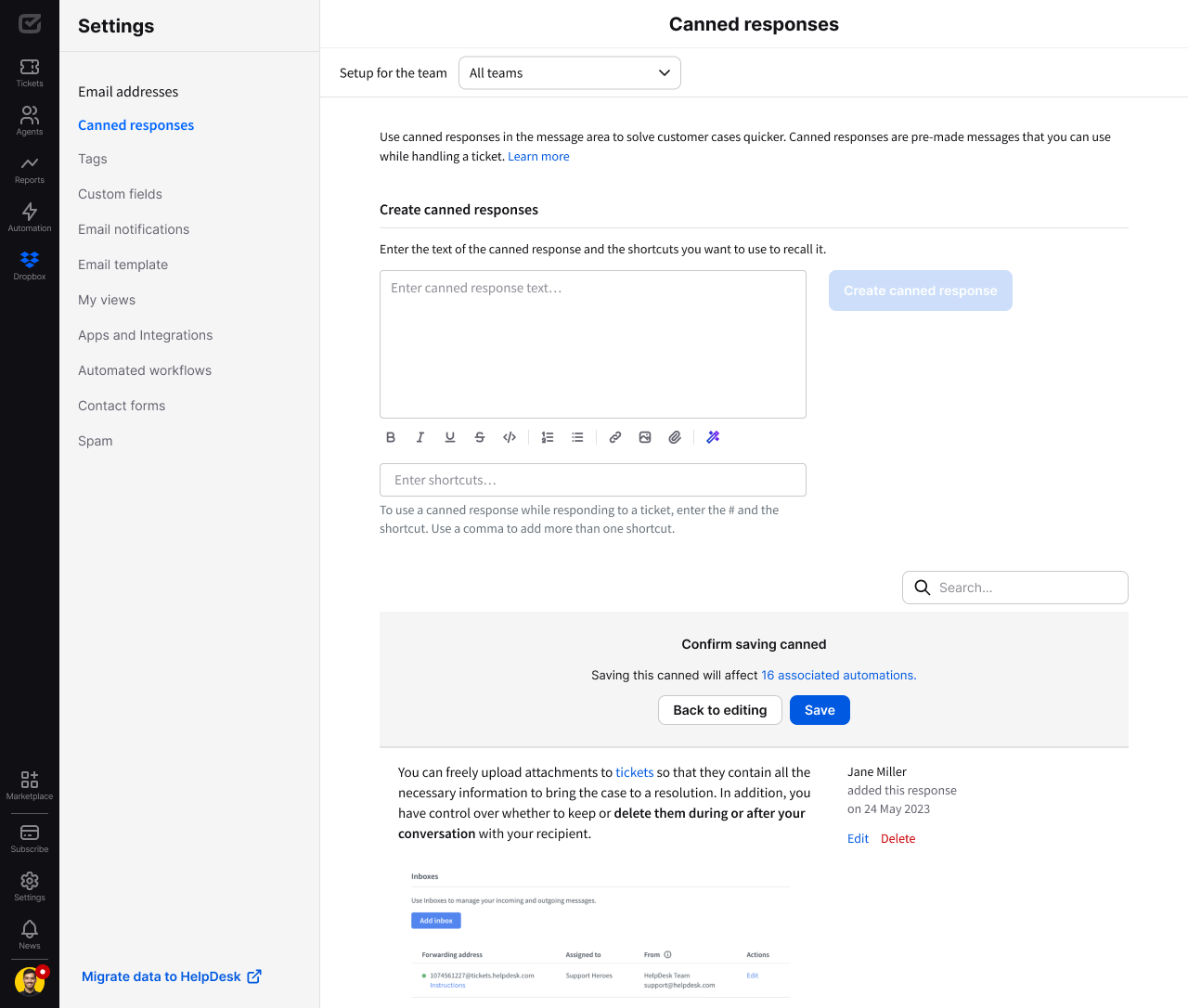 Editing a canned response used in automation rules in HelpDesk.