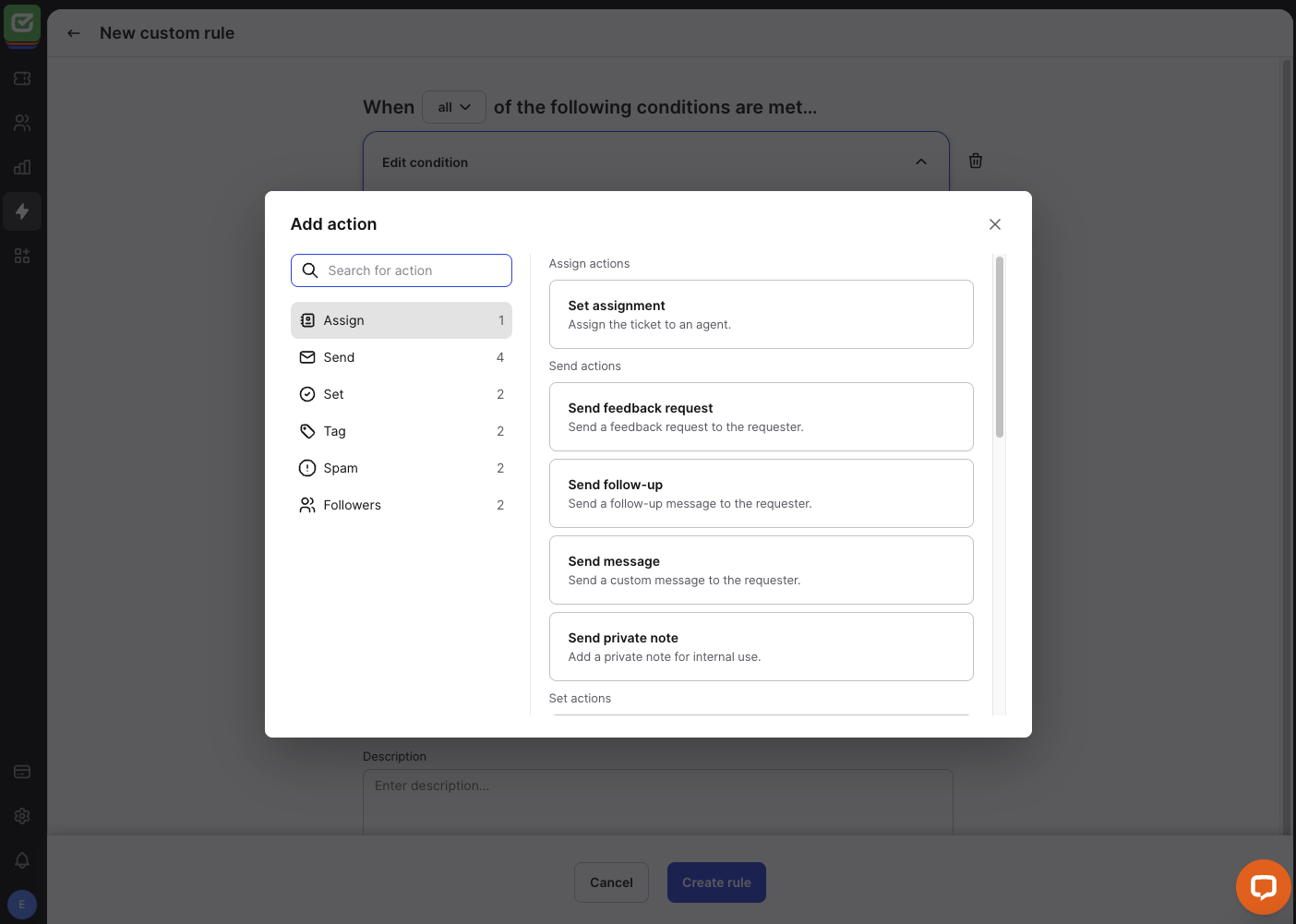 Adding actions in HelpDesk rules.