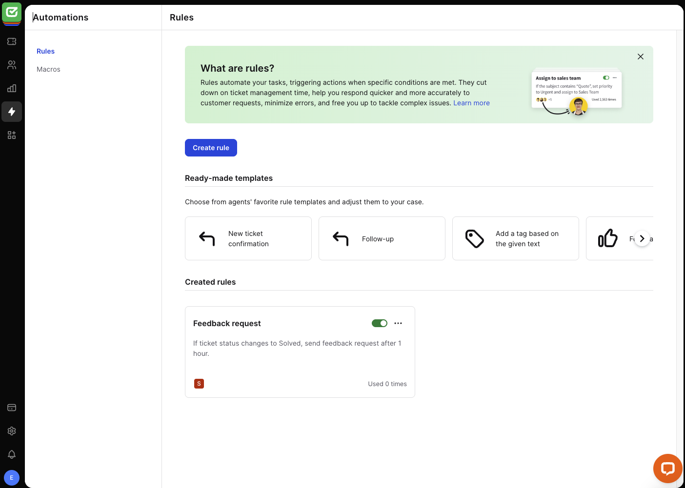 Rules dashboard in HelpDesk.