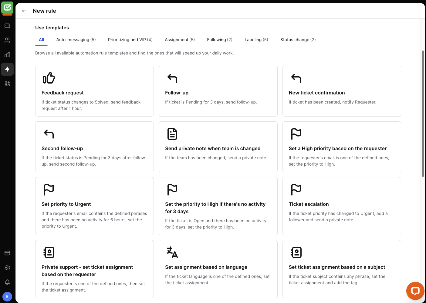 Categories of automation rules in HelpDesk.