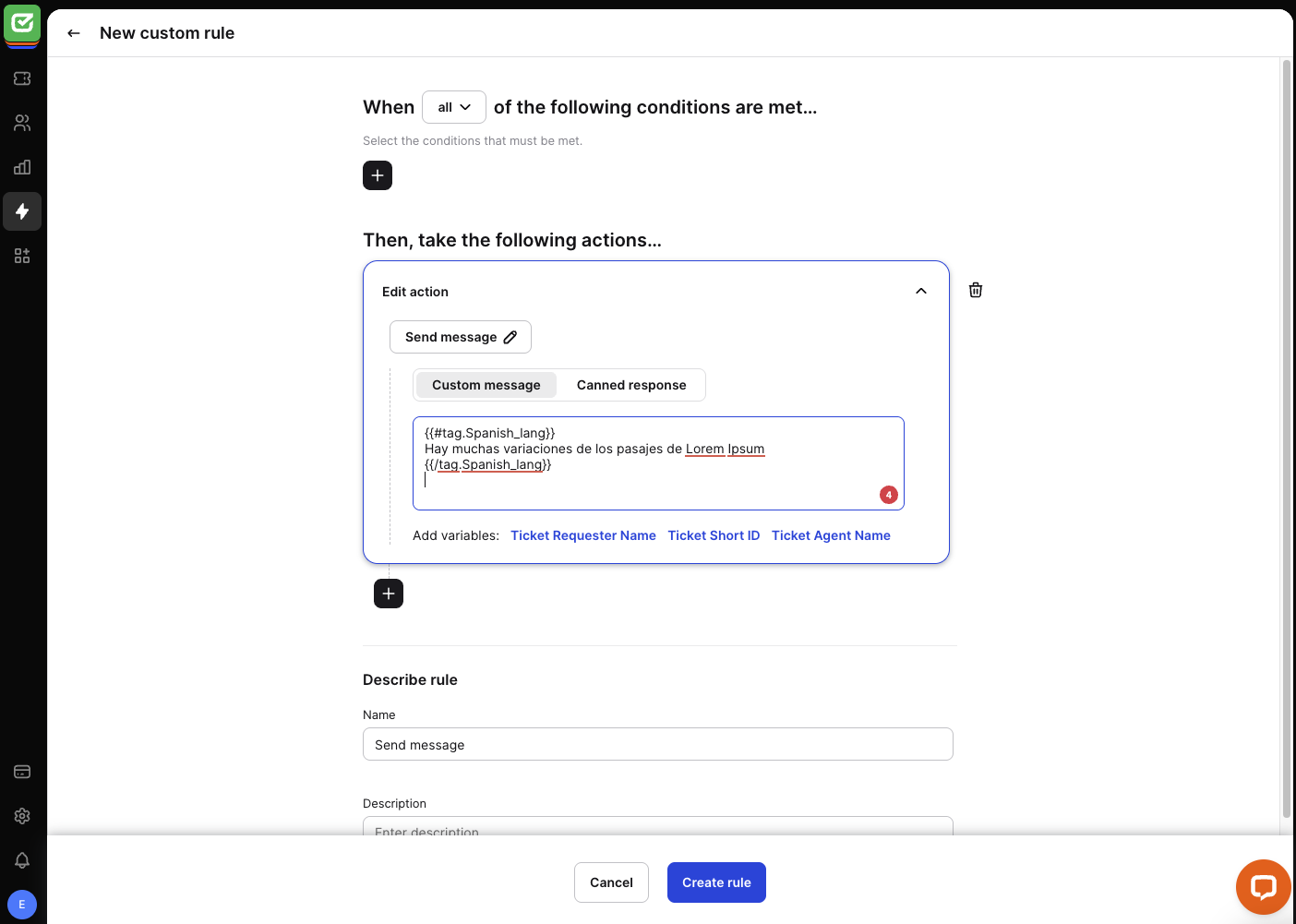 Tags used as variables in HelpDesk. The first example in the rule creation process.