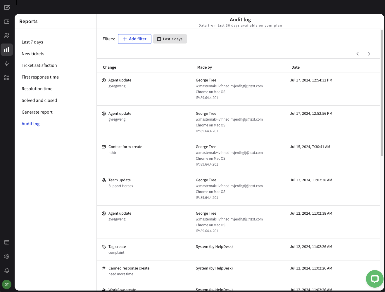 Audit log in HelpDesk.