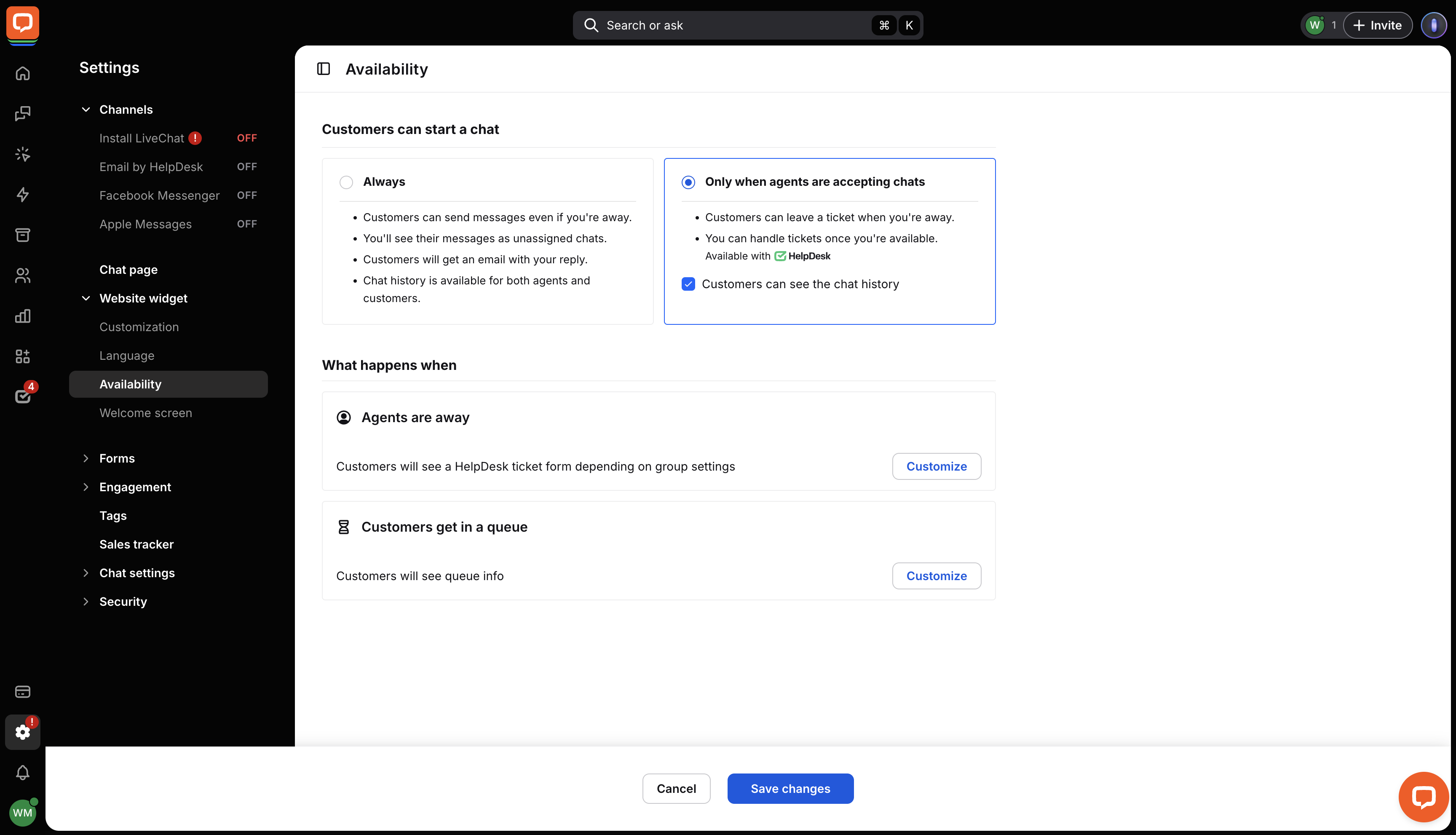Availability settings in LiveChat.