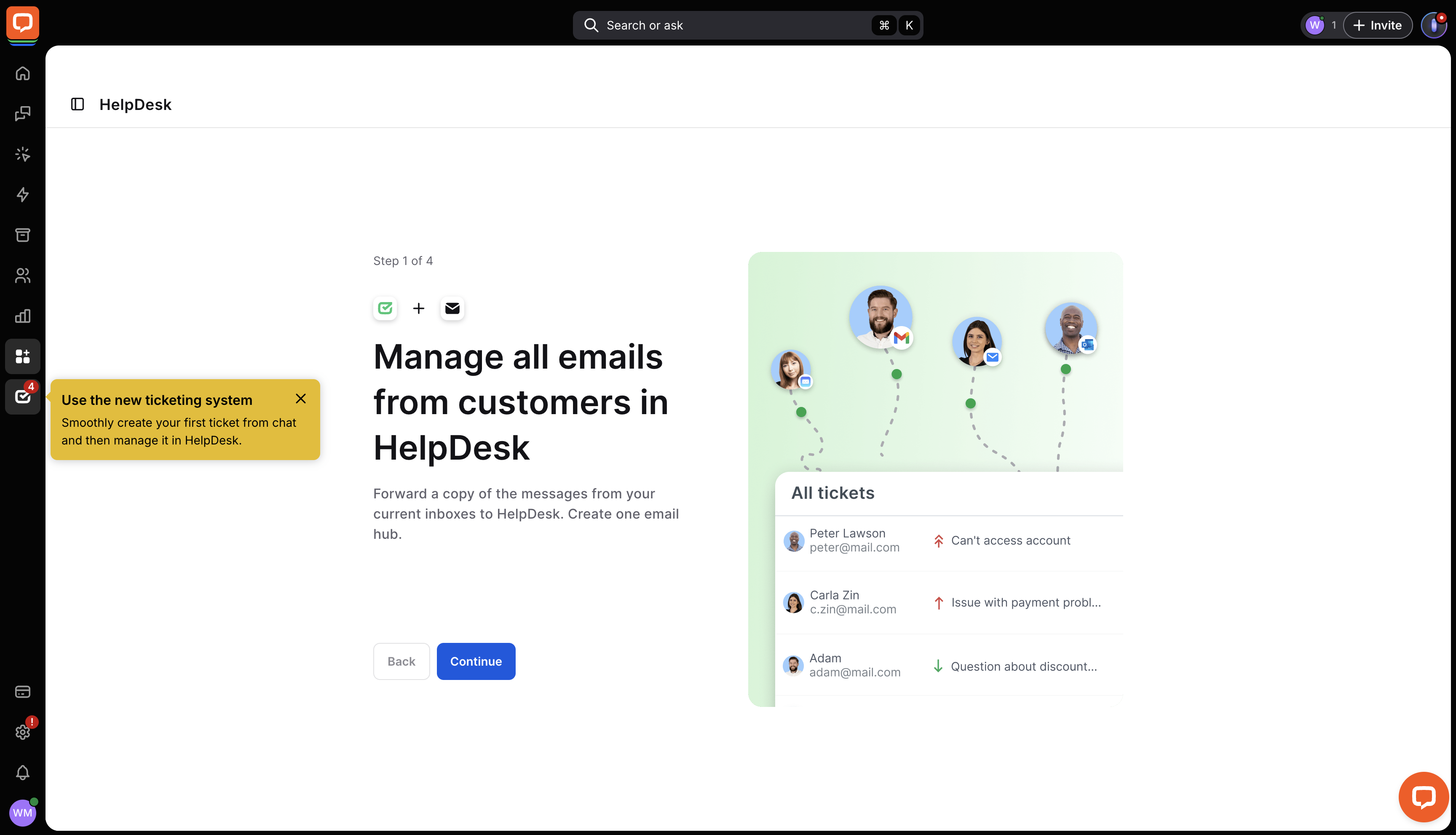 The HelpDesk onboarding process in LiveChat — first step.