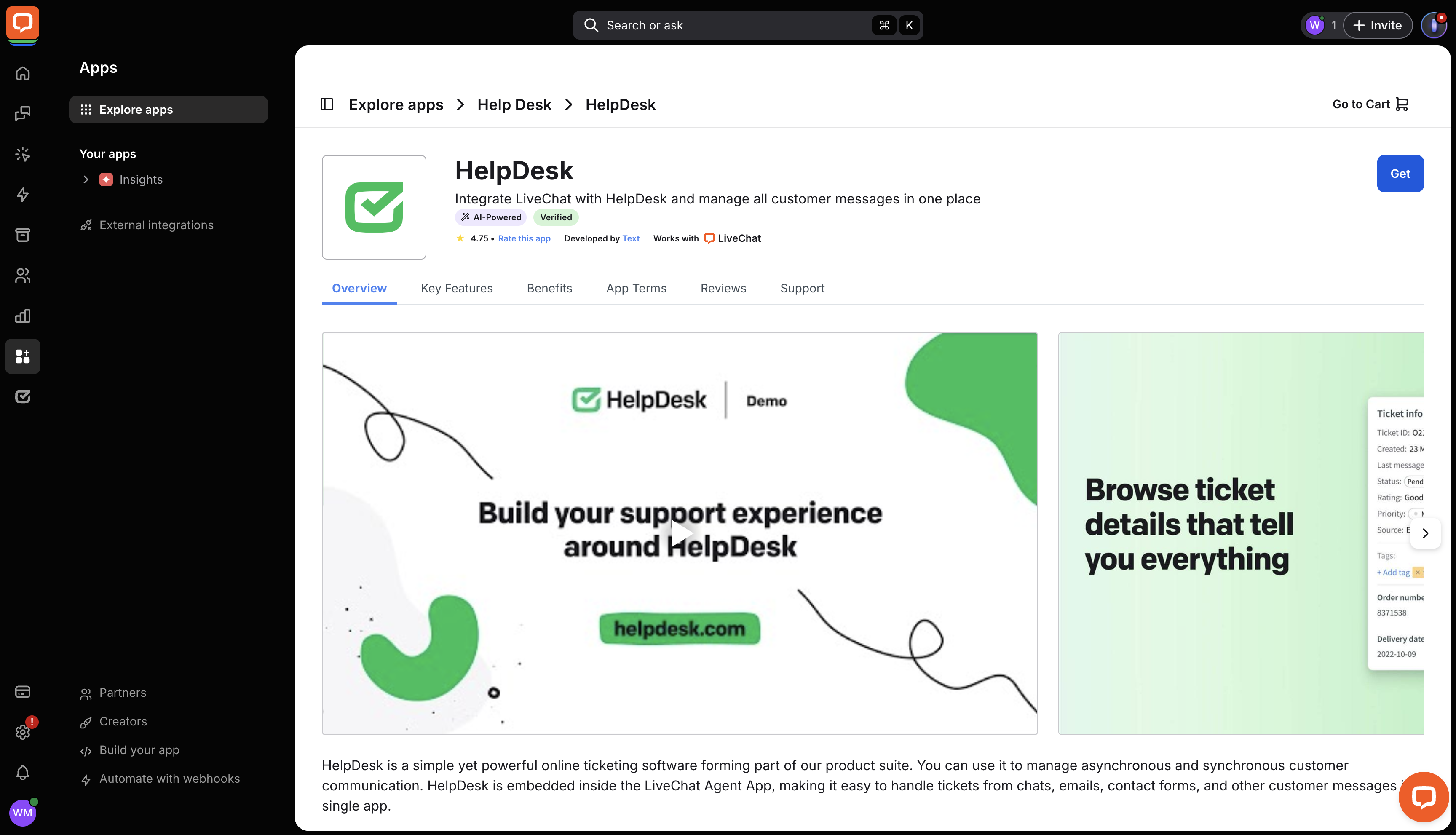 Installing HelpDesk in the LiveChat Marketplace.