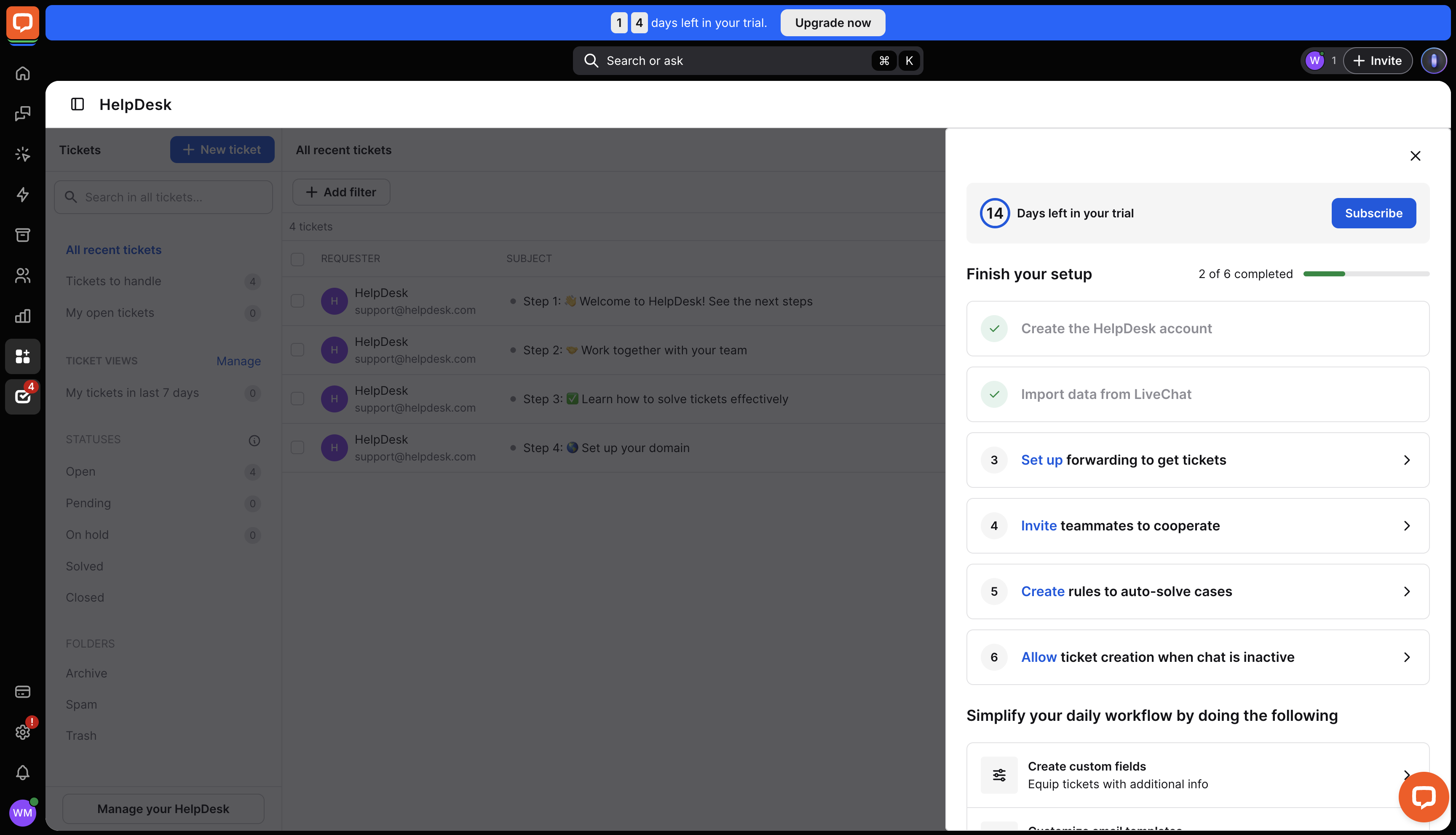 The main HelpDesk dashboard available in LiveChat.