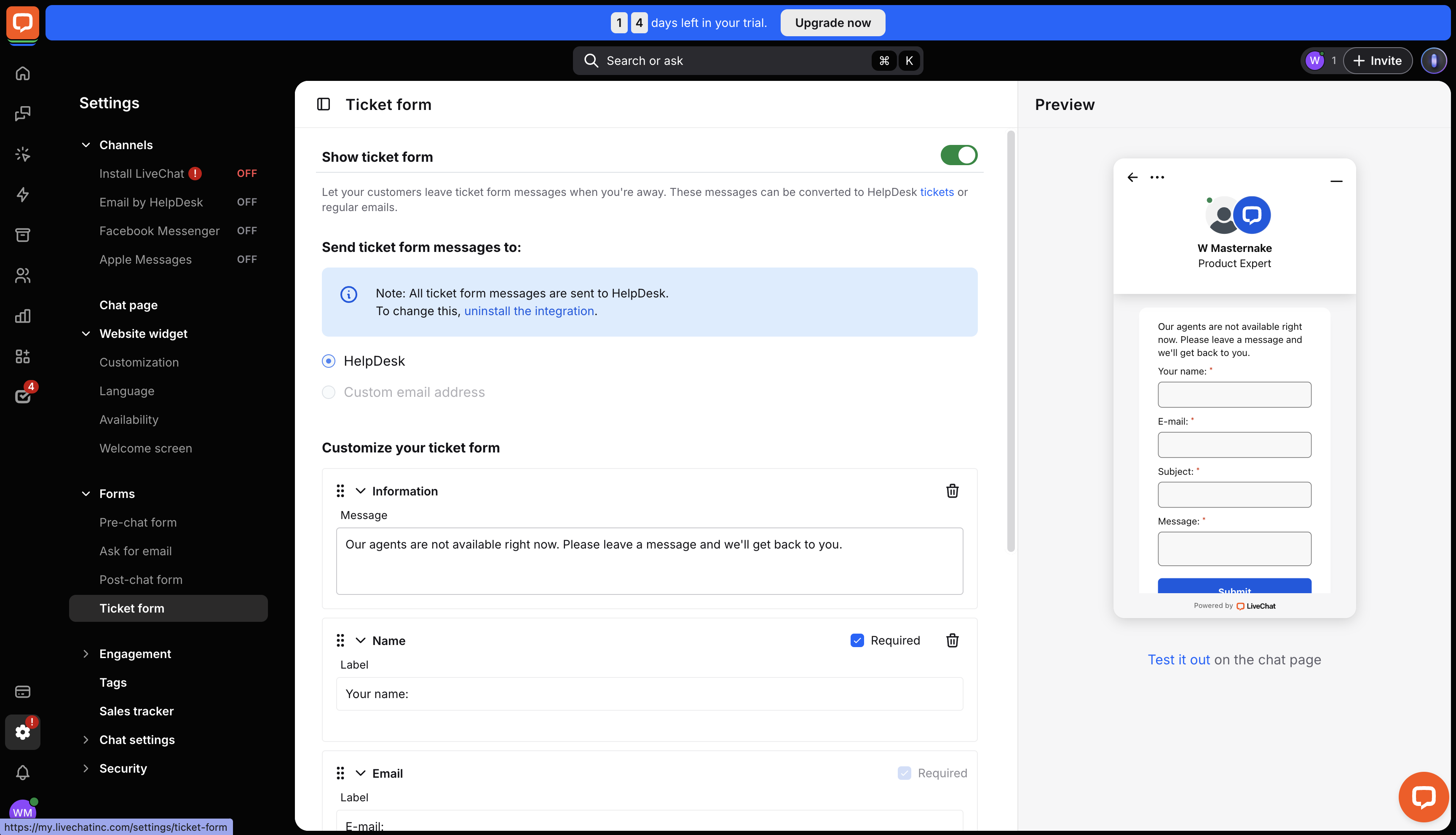 Ticket form activated in LiveChat.