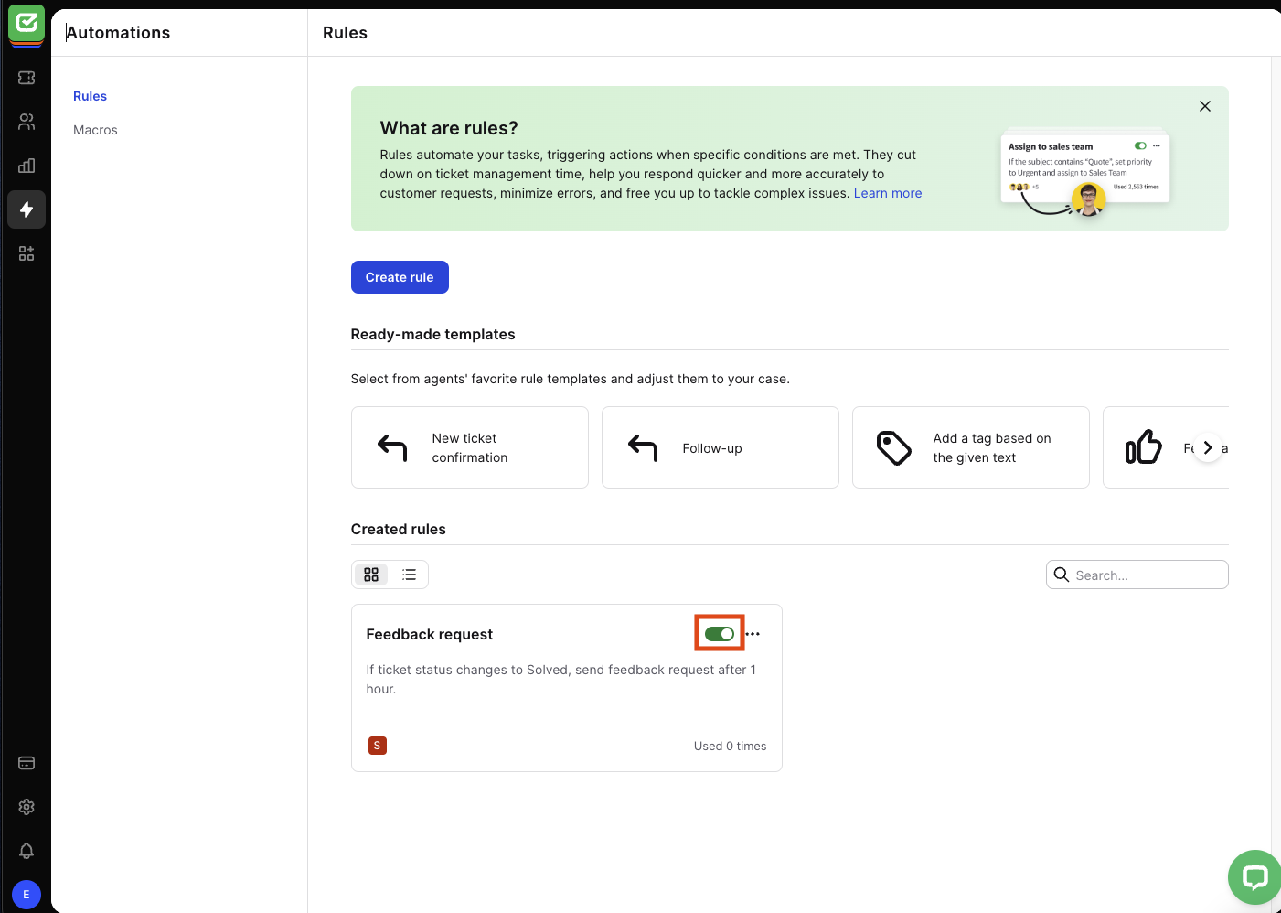 Enable and disable the &ldquo;Feedback request&rdquo; rule using the switch button.